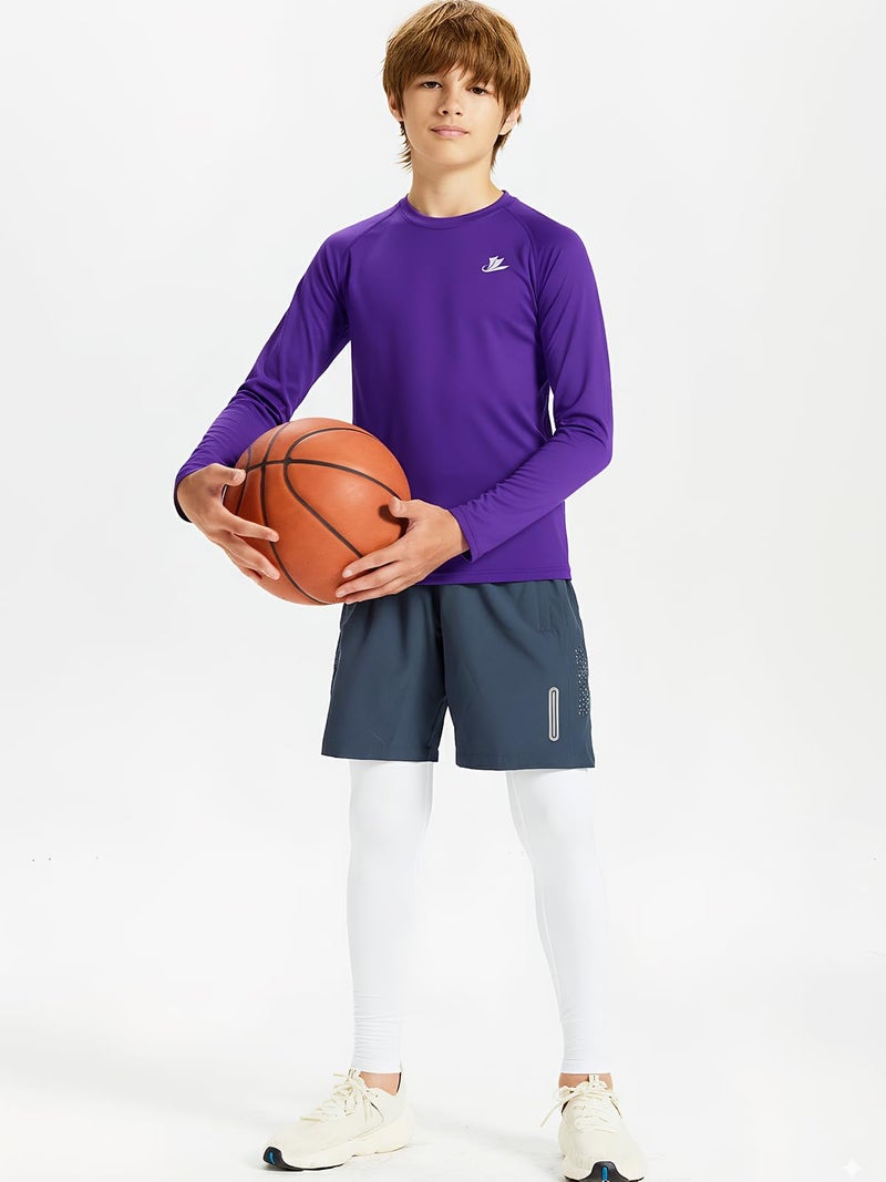 DEVOROPA Youth Boys Compression Shirt Long Sleeve Football Baseball Undershirt Quick Dry Sports Baselayer Purple S - Image 4